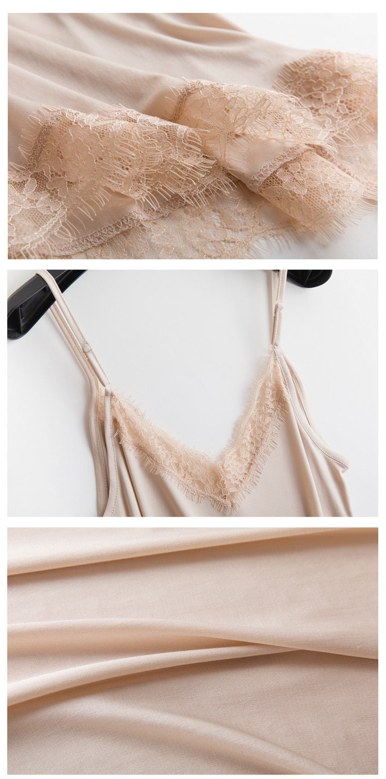Women’s Luxury Satin Silk Lace Nightdress – V-Neck Sleeveless Sleepwear