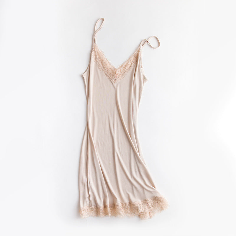 Women’s Luxury Satin Silk Lace Nightdress – V-Neck Sleeveless Sleepwear