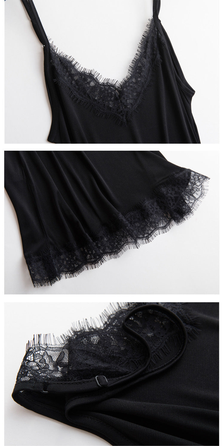 Women’s Luxury Satin Silk Lace Nightdress – V-Neck Sleeveless Sleepwear