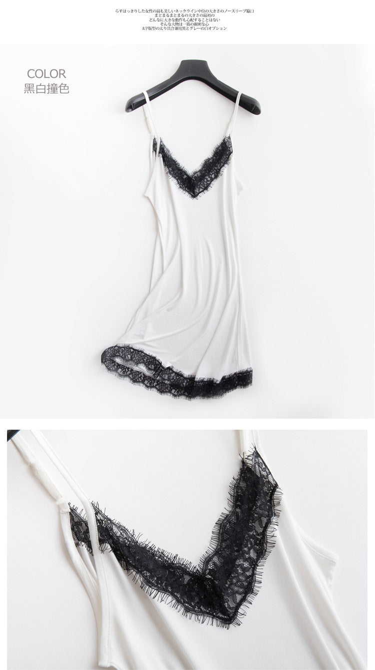 Women’s Luxury Satin Silk Lace Nightdress – V-Neck Sleeveless Sleepwear