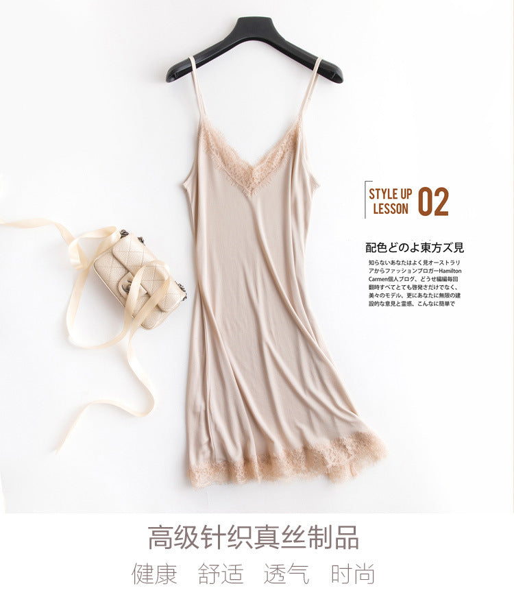 Women’s Luxury Satin Silk Lace Nightdress – V-Neck Sleeveless Sleepwear