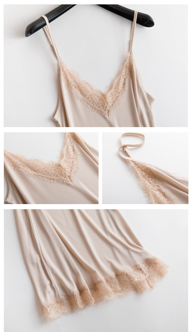 Women’s Luxury Satin Silk Lace Nightdress – V-Neck Sleeveless Sleepwear