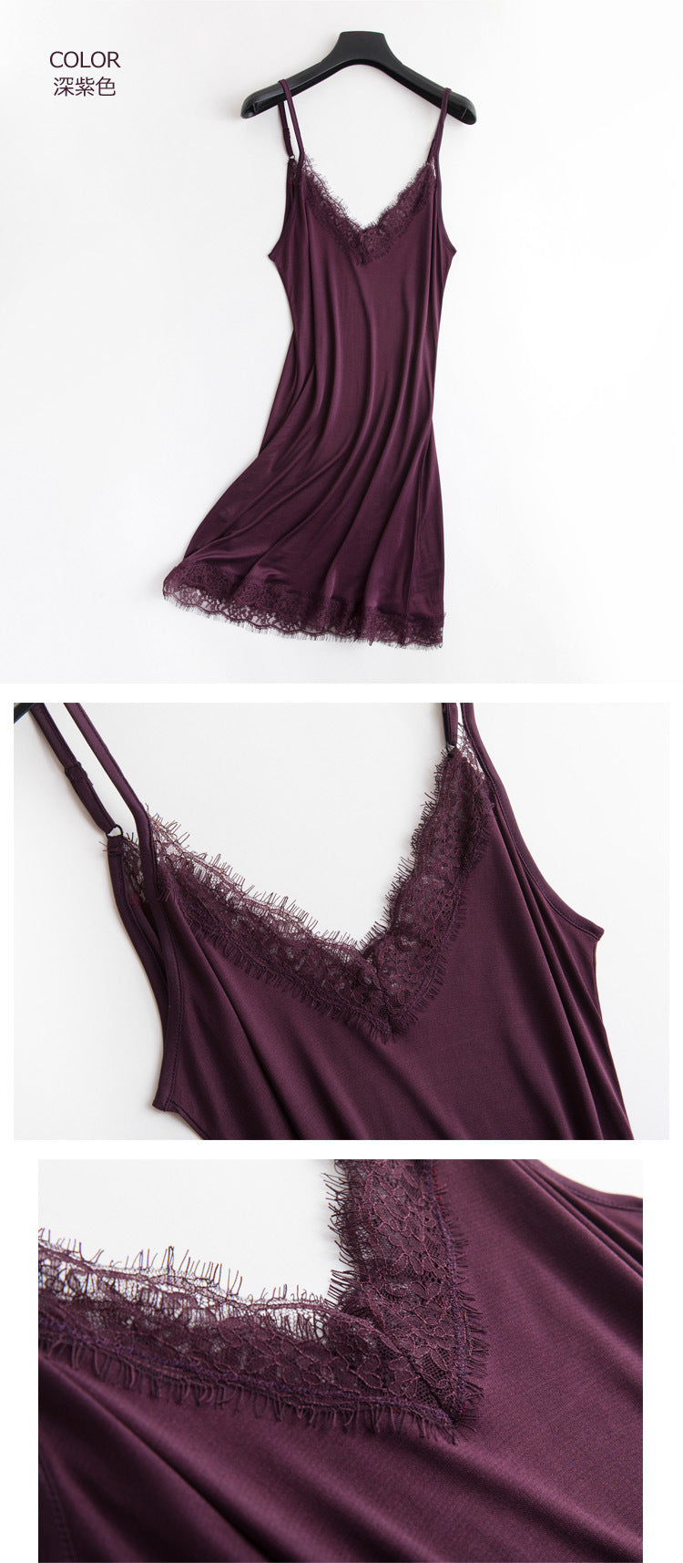 Women’s Luxury Satin Silk Lace Nightdress – V-Neck Sleeveless Sleepwear