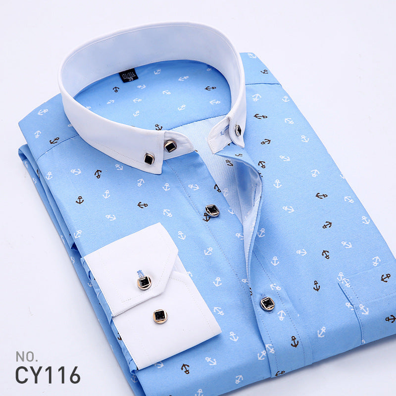 Men’s Slim Fit Printed Long Sleeve Dress Shirt – Korean Style Casual Fashion