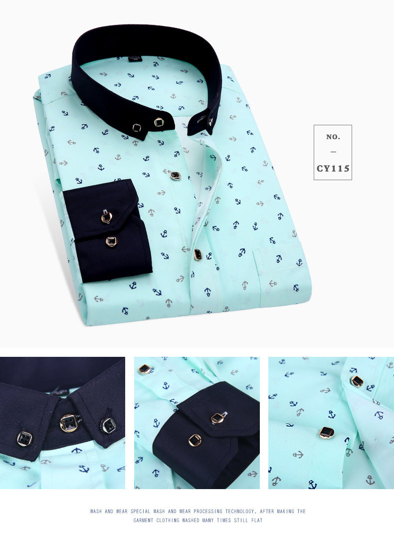 Men’s Slim Fit Printed Long Sleeve Dress Shirt – Korean Style Casual Fashion