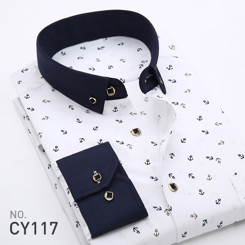 Men’s Slim Fit Printed Long Sleeve Dress Shirt – Korean Style Casual Fashion