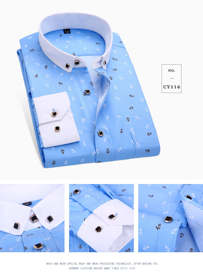 Men’s Slim Fit Printed Long Sleeve Dress Shirt – Korean Style Casual Fashion