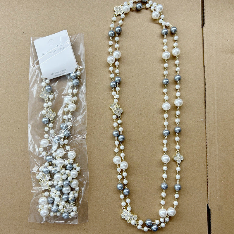 Luxury Four-Leaf Clover Pearl Necklace for Women – Elegant Korean Long Pendant Jewelry