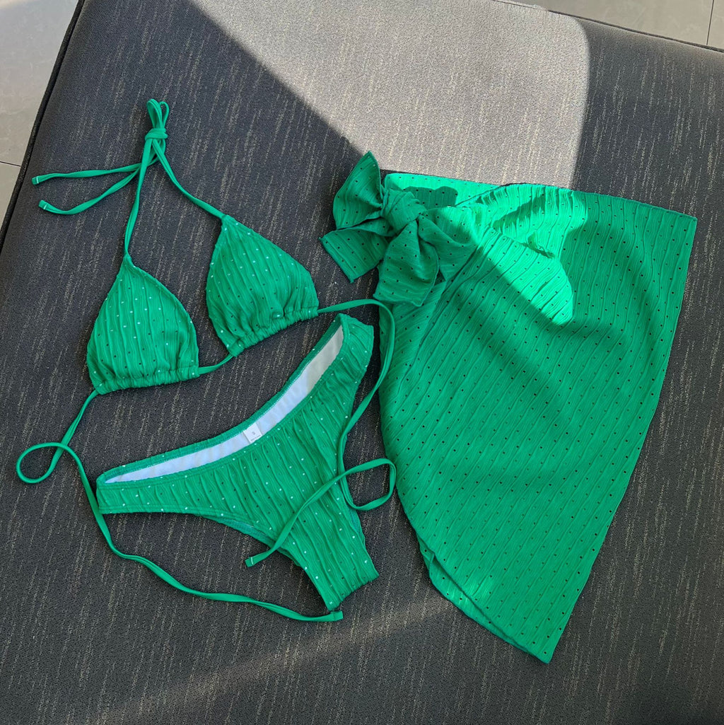 European and American New Swimsuit Three-Piece Backless Drawstring Strap Bikini Bikini Three-Piece Swimsuit