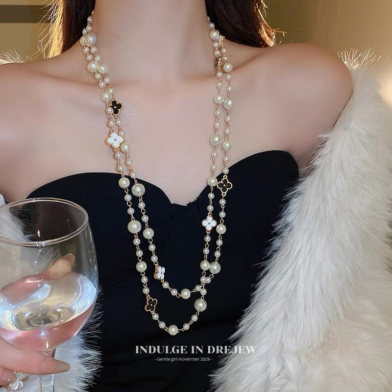 Luxury Four-Leaf Clover Pearl Necklace for Women – Elegant Korean Long Pendant Jewelry
