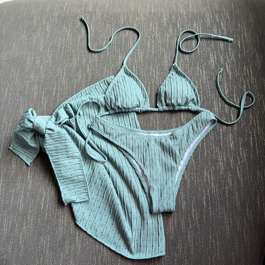 European and American New Swimsuit Three-Piece Backless Drawstring Strap Bikini Bikini Three-Piece Swimsuit