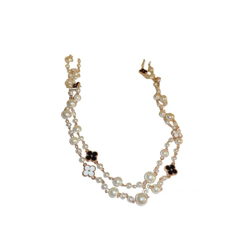 Luxury Four-Leaf Clover Pearl Necklace for Women – Elegant Korean Long Pendant Jewelry