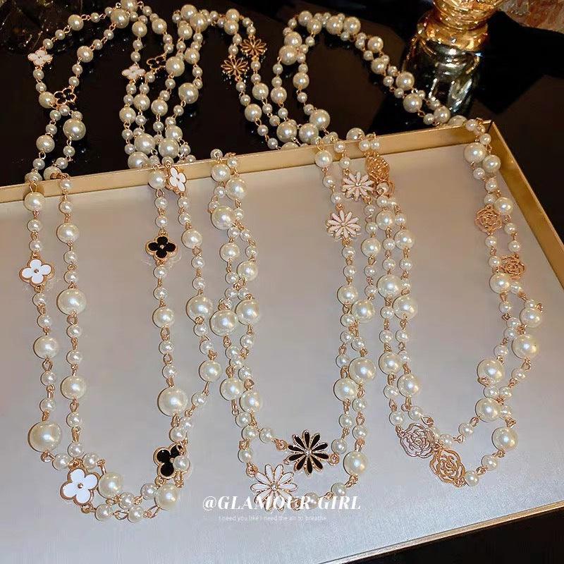 Luxury Four-Leaf Clover Pearl Necklace for Women – Elegant Korean Long Pendant Jewelry