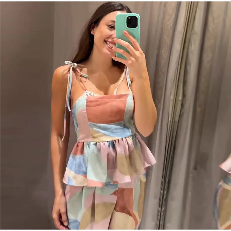 Women’s Pastel Printed Tank Top & Wide-Leg Ruffle Pants Set – Sleeveless – Summer 2026 Collection – Chic & Casual Outfit