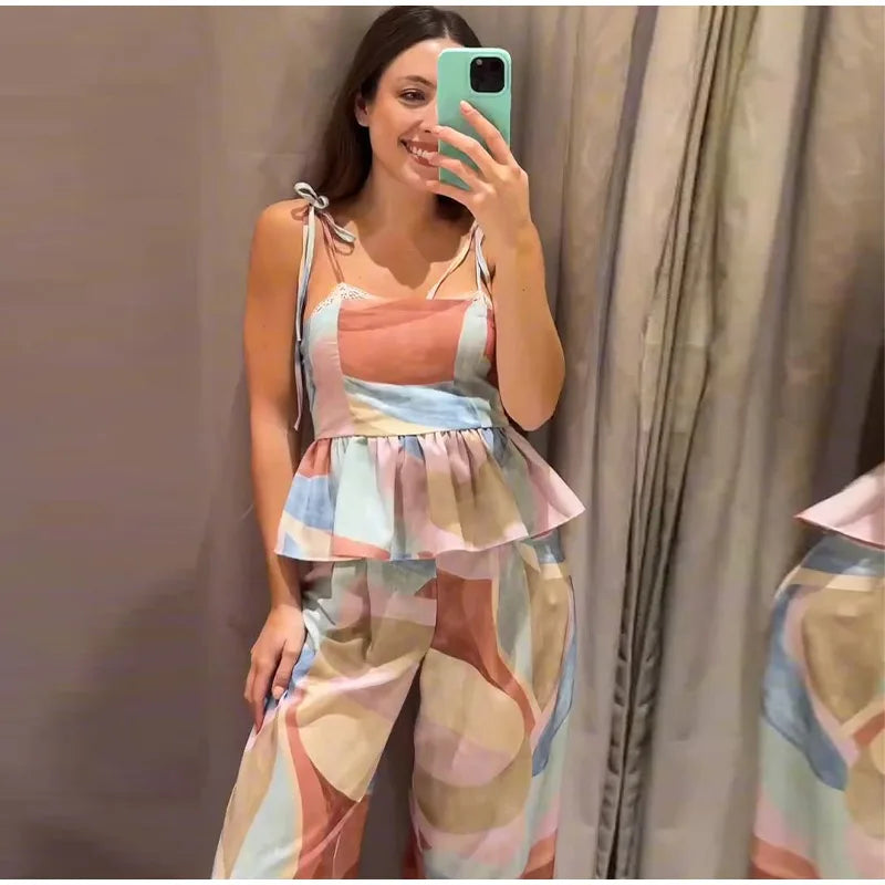 Women’s Pastel Printed Tank Top & Wide-Leg Ruffle Pants Set – Sleeveless – Summer 2026 Collection – Chic & Casual Outfit