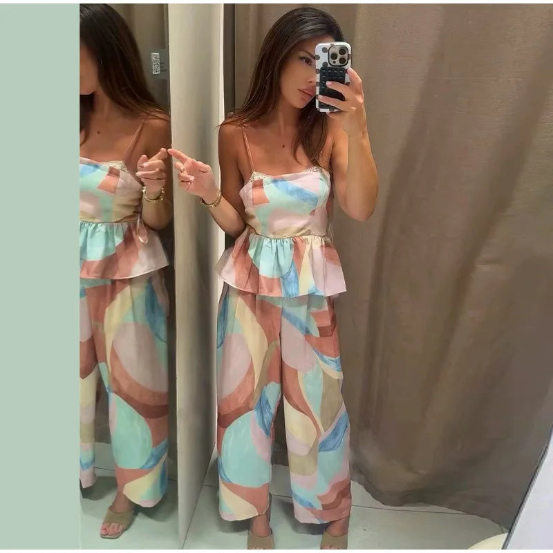 Women’s Pastel Printed Tank Top & Wide-Leg Ruffle Pants Set – Sleeveless – Summer 2026 Collection – Chic & Casual Outfit