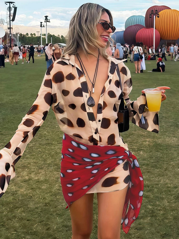 Women’s Two-Tone Printed Long Sleeve Midi Dress – Elegant Y2K Party & Club Dress
