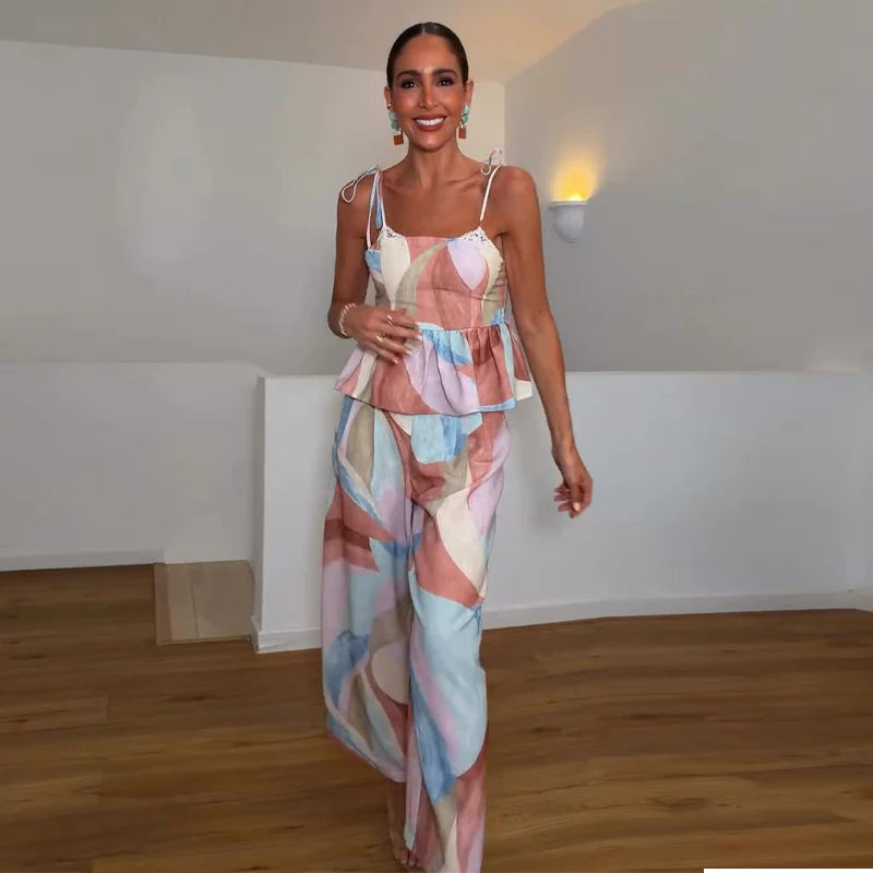 Women’s Pastel Printed Tank Top & Wide-Leg Ruffle Pants Set – Sleeveless – Summer 2026 Collection – Chic & Casual Outfit