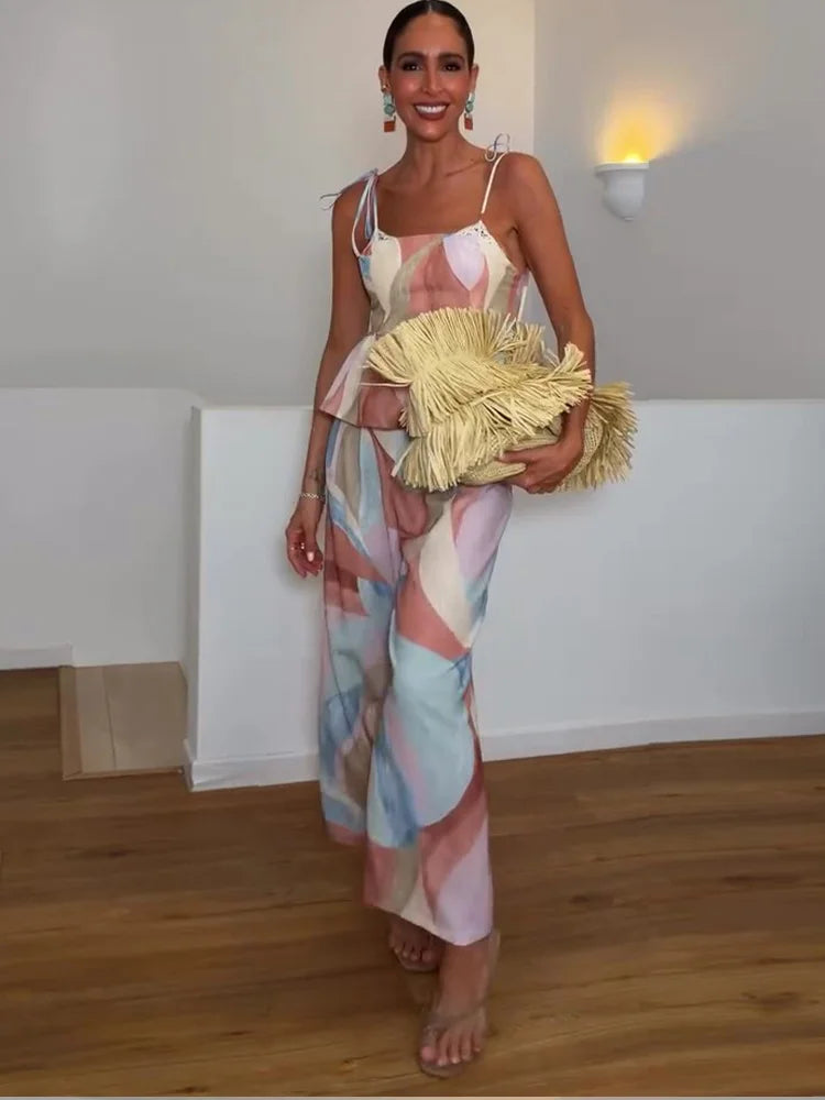 Women’s Pastel Printed Tank Top & Wide-Leg Ruffle Pants Set – Sleeveless – Summer 2026 Collection – Chic & Casual Outfit