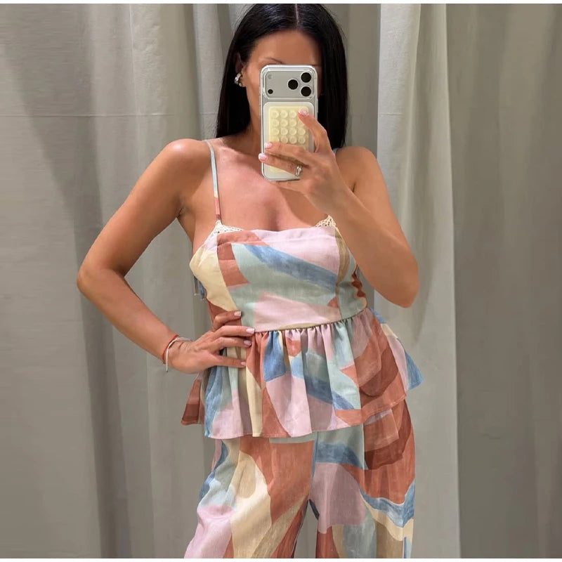 Women’s Pastel Printed Tank Top & Wide-Leg Ruffle Pants Set – Sleeveless – Summer 2026 Collection – Chic & Casual Outfit
