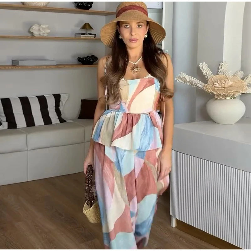 Women’s Pastel Printed Tank Top & Wide-Leg Ruffle Pants Set – Sleeveless – Summer 2026 Collection – Chic & Casual Outfit