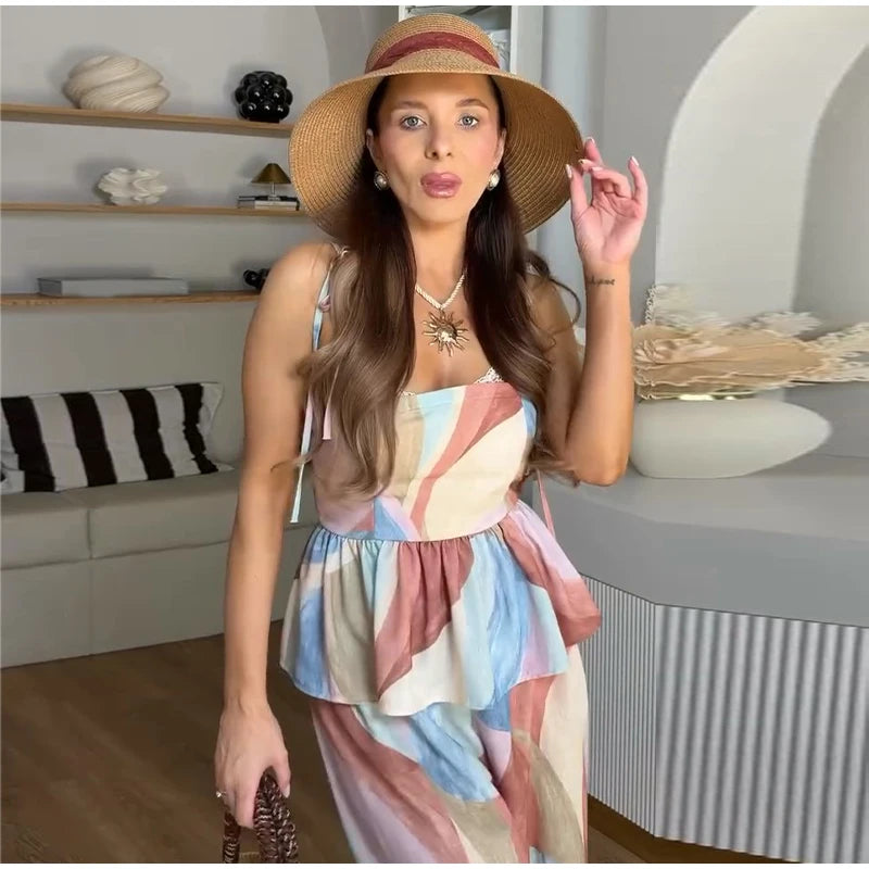 Women’s Pastel Printed Tank Top & Wide-Leg Ruffle Pants Set – Sleeveless – Summer 2026 Collection – Chic & Casual Outfit