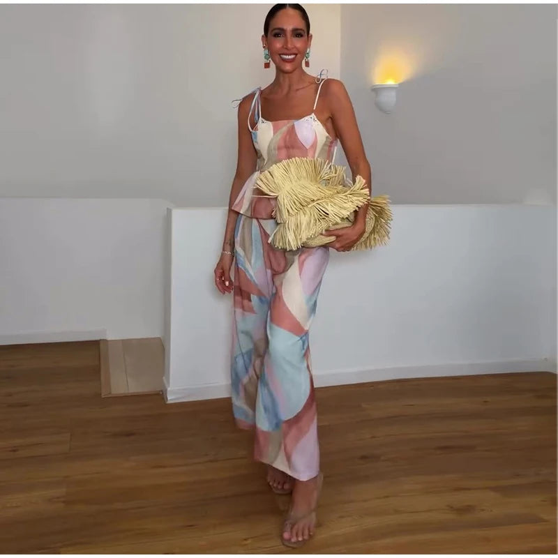 Women’s Pastel Printed Tank Top & Wide-Leg Ruffle Pants Set – Sleeveless – Summer 2026 Collection – Chic & Casual Outfit