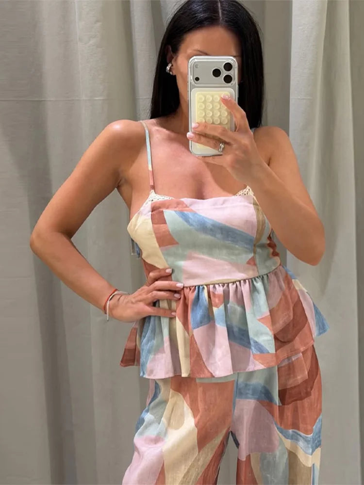 Women’s Pastel Printed Tank Top & Wide-Leg Ruffle Pants Set – Sleeveless – Summer 2026 Collection – Chic & Casual Outfit