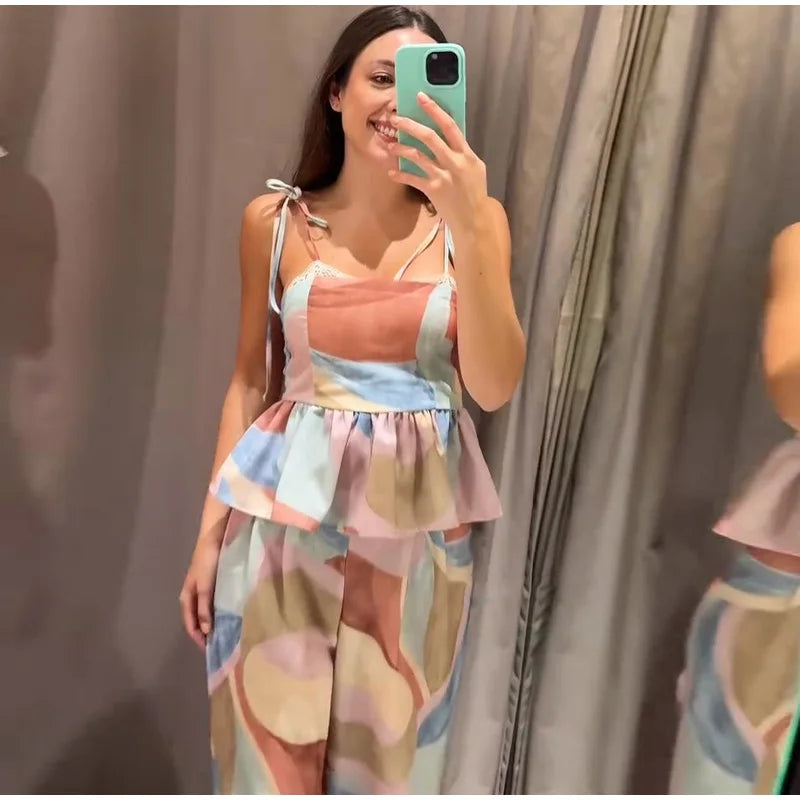 Women’s Pastel Printed Tank Top & Wide-Leg Ruffle Pants Set – Sleeveless – Summer 2026 Collection – Chic & Casual Outfit