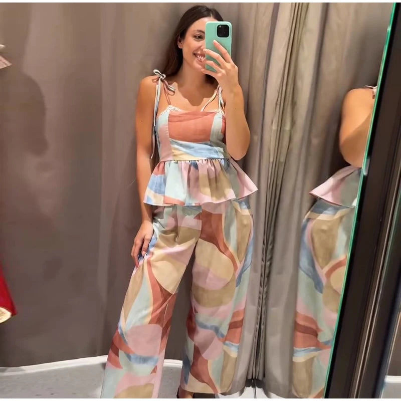 Women’s Pastel Printed Tank Top & Wide-Leg Ruffle Pants Set – Sleeveless – Summer 2026 Collection – Chic & Casual Outfit