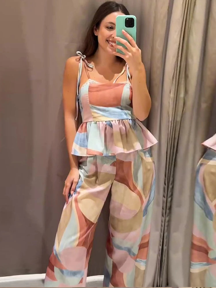 Women’s Pastel Printed Tank Top & Wide-Leg Ruffle Pants Set – Sleeveless – Summer 2026 Collection – Chic & Casual Outfit