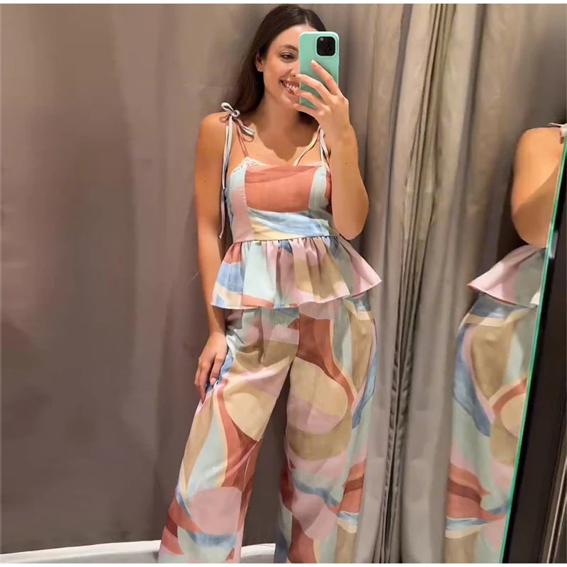 Women’s Pastel Printed Tank Top & Wide-Leg Ruffle Pants Set – Sleeveless – Summer 2026 Collection – Chic & Casual Outfit