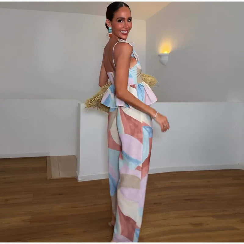 Women’s Pastel Printed Tank Top & Wide-Leg Ruffle Pants Set – Sleeveless – Summer 2026 Collection – Chic & Casual Outfit