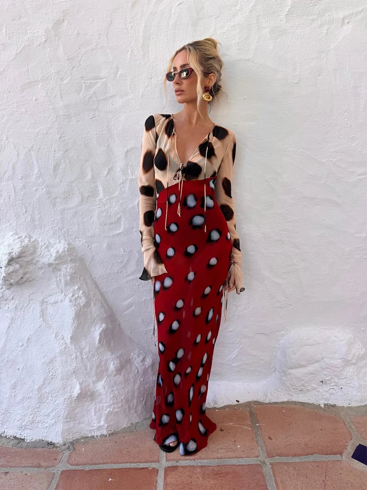 Women’s Two-Tone Printed Long Sleeve Midi Dress – Elegant Y2K Party & Club Dress