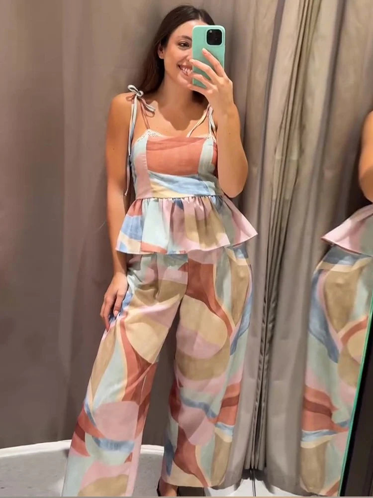 Women’s Pastel Printed Tank Top & Wide-Leg Ruffle Pants Set – Sleeveless – Summer 2026 Collection – Chic & Casual Outfit
