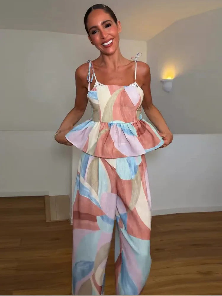 Women’s Pastel Printed Tank Top & Wide-Leg Ruffle Pants Set – Sleeveless – Summer 2026 Collection – Chic & Casual Outfit