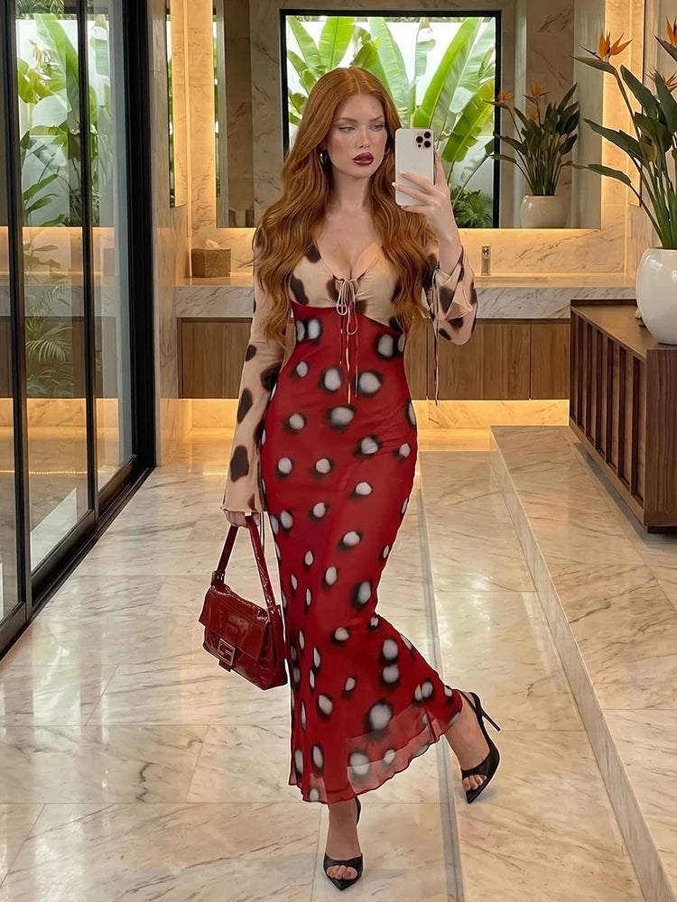 Women’s Two-Tone Printed Long Sleeve Midi Dress – Elegant Y2K Party & Club Dress