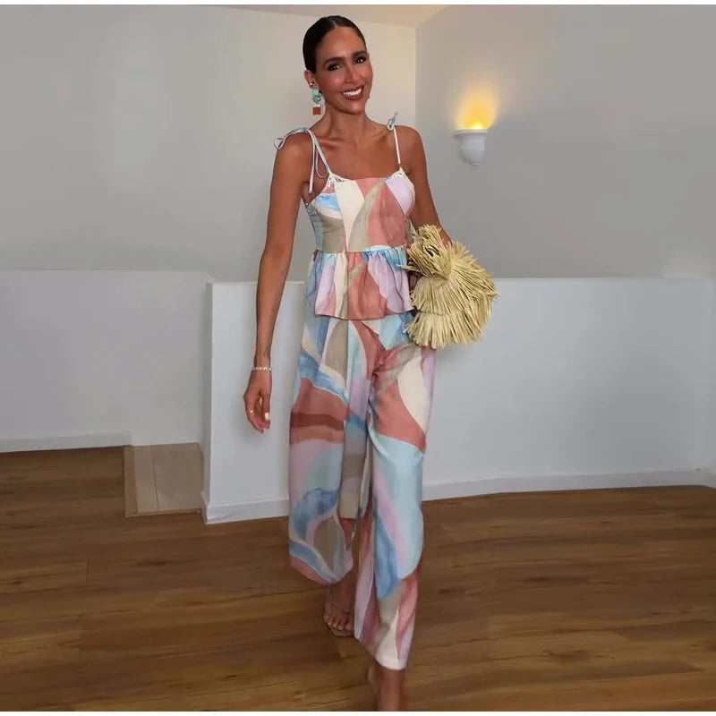 Women’s Pastel Printed Tank Top & Wide-Leg Ruffle Pants Set – Sleeveless – Summer 2026 Collection – Chic & Casual Outfit