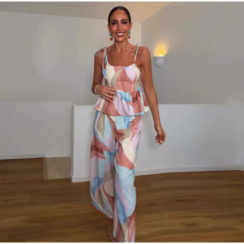 Women’s Pastel Printed Tank Top & Wide-Leg Ruffle Pants Set – Sleeveless – Summer 2026 Collection – Chic & Casual Outfit