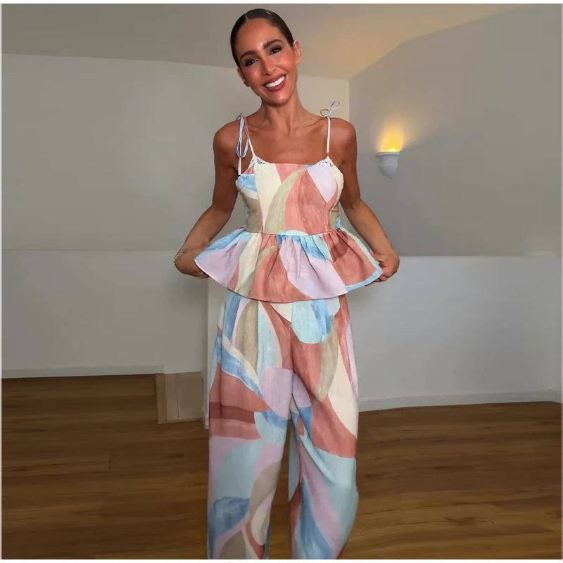 Women’s Pastel Printed Tank Top & Wide-Leg Ruffle Pants Set – Sleeveless – Summer 2026 Collection – Chic & Casual Outfit